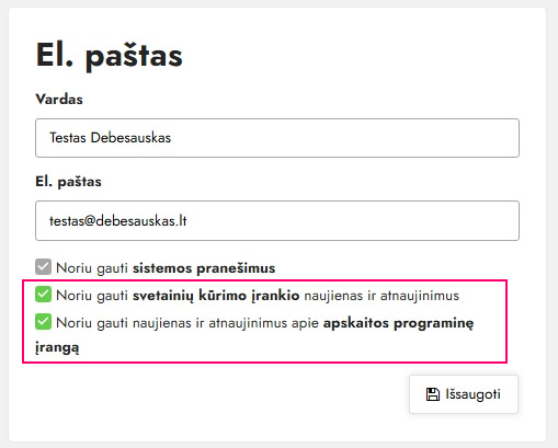 Naujienlaiškio gavimo nustatymai